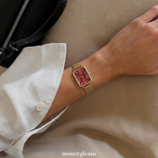 Bold Elegance: Red Rectangular Dial Watch with Gold Wheat Pattern Stainless Steel Bracelet