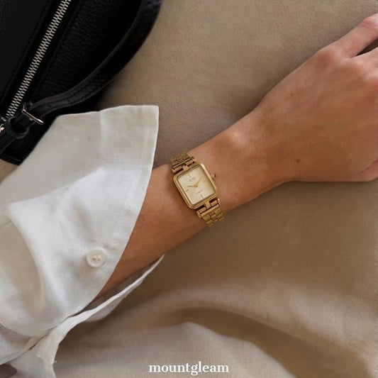 Sleek Geometry: Gold Rectangular Dial Watch with Matching Bezel & Gold Stainless Steel Bracelet