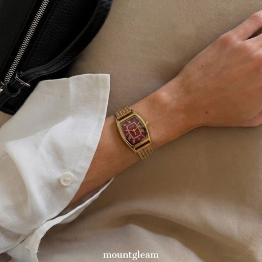 Warm Passionate: Red Tonneau Dial Watch with Gold Wheat Pattern Stainless Steel Bracelet