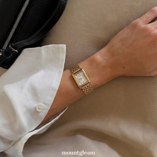 Modern Minimalist Elegant: White Rectangular Dial Watch with Gold Stainless Steel Bracelet