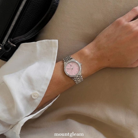 Delicate Elegance: Iridescent Pink Dial & Silver Diamond Bezel Watch