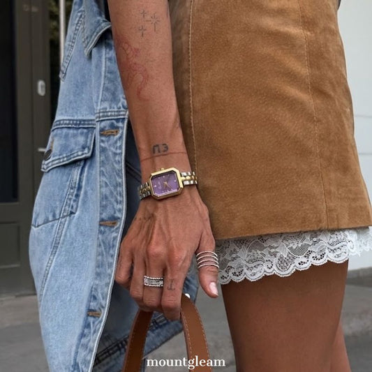 Modern Charm: Purple Rectangular Dial Watch with Silver Bezel & Gold-Silver Alternating Slim Bracelet