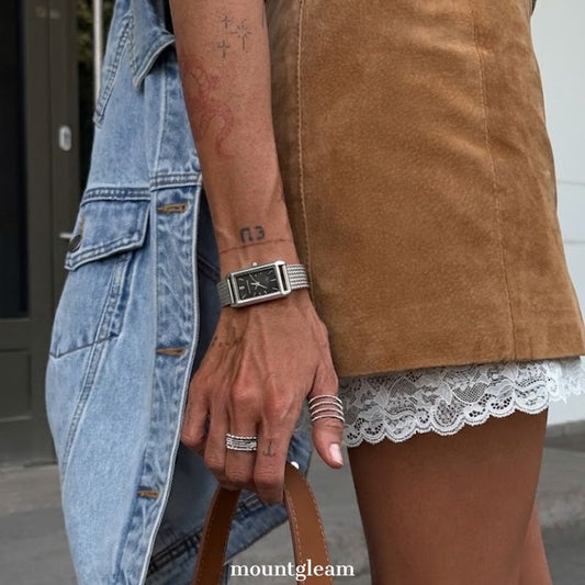Monochrome Noir: Elongated Rectangular Dial Watch with Silver Stainless Steel Bracelet