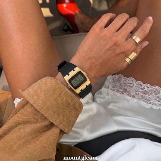 Tech Chic: Black Rectangular Digital Display Watch with Gold Bezel & Black Silicone Strap
