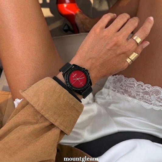 Urban Cool: Red Round Dial Watch with Black Bezel & Black Stainless Steel Bracelet