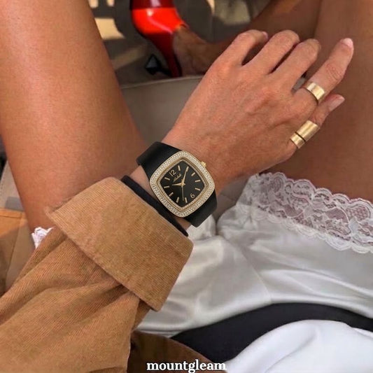 Vintage Luxe Timepiece: Leather Diamond Square Dial Watch