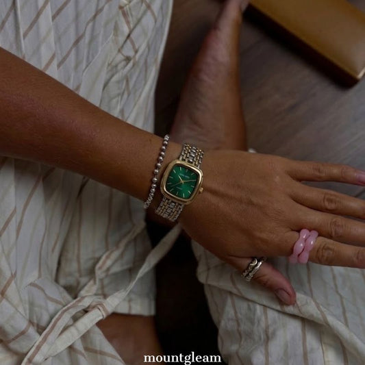Elegant Rectangle Green Dial Gold Case with Gold-Silver Alloy Band | Quartz Movement