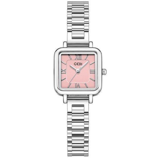 Pink Square Dial, Minimalist Fashion Timepiece Women's Silver Strap Quartz Watch