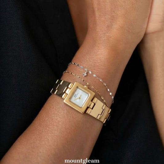Modern Geometric Elegant: White Rectangular Dial Watch with Gold Stainless Steel Small Square Link Bracelet