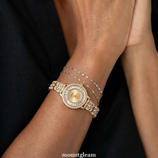Diamond Bezel Two-Tone Watch, Gold Round Dial with Full Diamond Accents