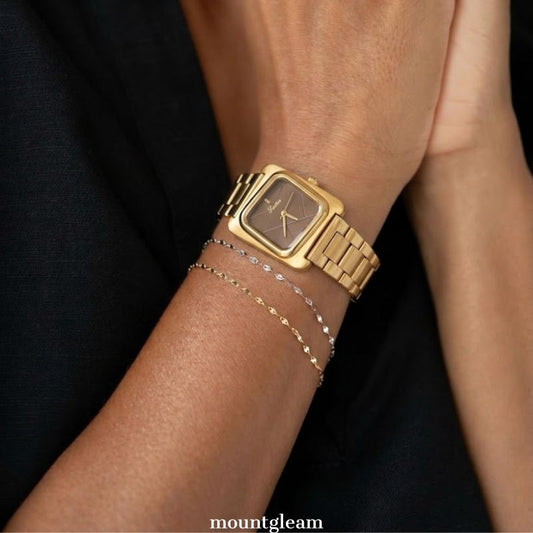 Women’s Quartz Watch – Gold Strap with Brown Square Dial, Elegant Fashion Wristwatch