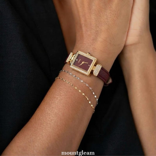 Vintage Charm: A Ruby Red & Gold Gemstone Rectangular Watch