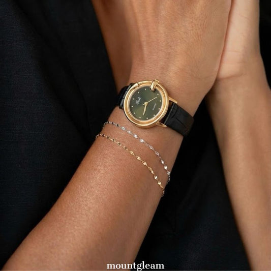 Vintage Color: Emerald Green Round Dial Watch with Gold Bezel & Black Genuine Leather Strap