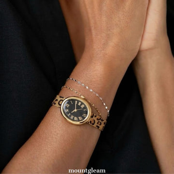 Leopard Print Bathtub Watch - Black & Gold Oval Dial | Women's Quartz