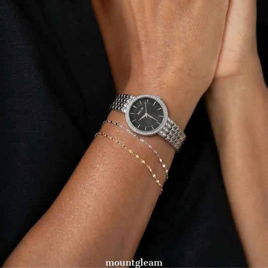 Modern Glamour:Black Diamond Dial Watch with Silver Bezel & Matching Bracelet