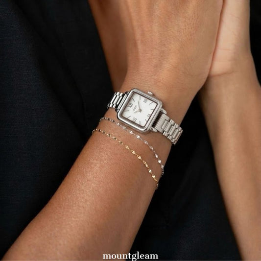 Geometric Minimalism: White Rectangle Dial with Silver-Tone Steel Bracelet