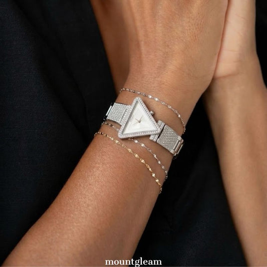 Geometric Glamour: Silver Triangle Dial & Full Diamond Setting Watch