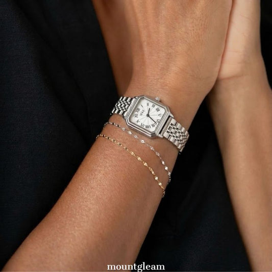 Refined Commute White Rectangular Dial Watch - Silver Alloy Quartz Bracelet