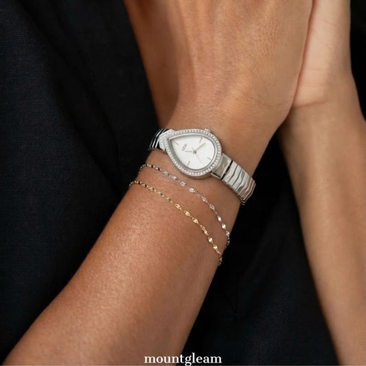 Modern Mystique: White Teardrop Serpent-Head Dial with Silver Diamond Bezel & Strap