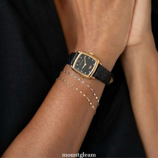 Timeless Chic: Black Rectangular Dial Watch with Gold Bezel & Black Leather Strap