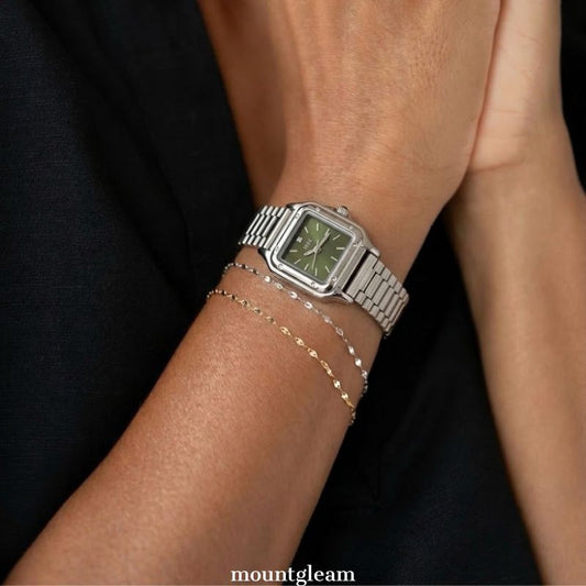 Fresh Elegance: Gradient Green Rectangular Dial Watch with Silver Bezel & Stainless Steel Bracelet