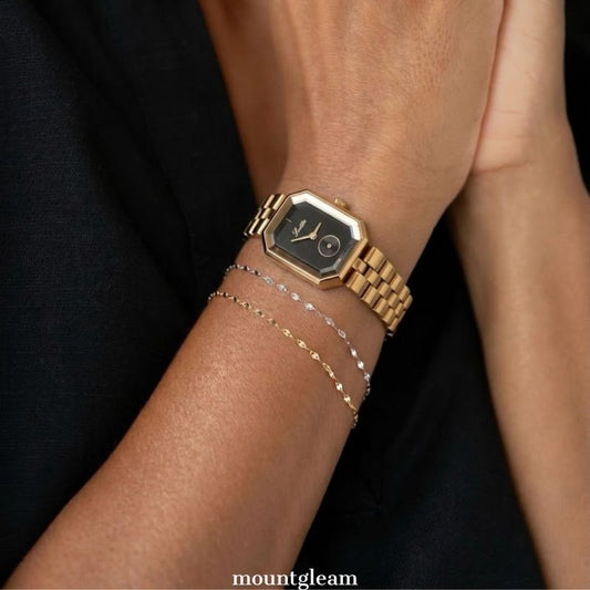 Gilded Geometric: Black Rectangular Dial Watch with Gold Bezel & Stainless Steel Bracelet