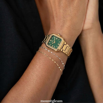 Vintage Luxe: Emerald Square Dial Watch with Gold Bezel & Stainless Steel Bracelet