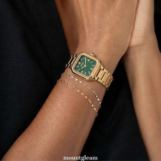 Vintage Luxe: Emerald Square Dial Watch with Gold Bezel & Stainless Steel Bracelet