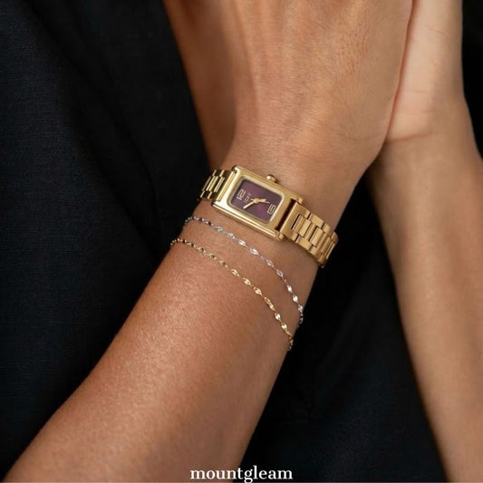 Bold Chic: Red Rectangular Dial Watch with Gold Rectangular Bezel & Matching Stainless Steel Bracelet