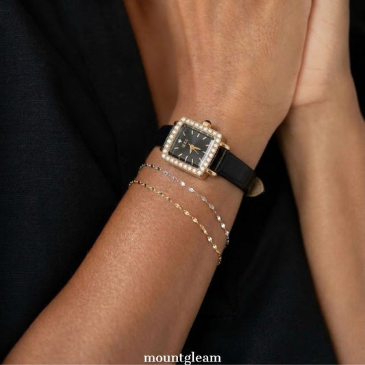 Everyday Luxe: Black Rectangular Dial Watch with Gold Diamond Bezel & Black Leather Strap