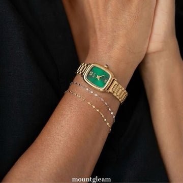 Natural Chic: Green Rectangular Dial Watch with Gold Rectangular Bezel & Gold Stainless Steel Bracelet