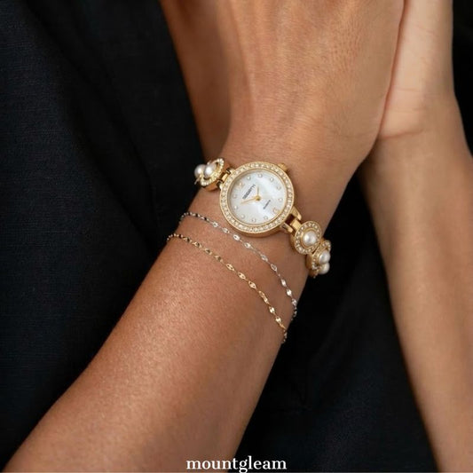 Feminine Grandeur: Defined by Opulence – White Round Dial with Pearl & Diamond Gold Accents