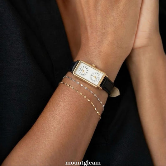 Business Commute: White Rectangular Dual Time Zone Dial Watch with Gold Bezel & Black Leather Strap