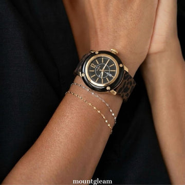 Leopard Chic: Black Round Dial Watch with Black Bezel & Brown Leopard Print Silicone Strap