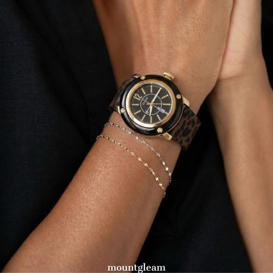 Leopard Chic: Black Round Dial Watch with Black Bezel & Brown Leopard Print Silicone Strap