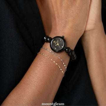 Noir Bead – Black Beaded Bracelet Small Round Dial Women’s Quartz Watch