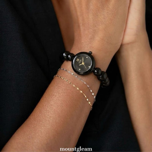 Noir Bead – Black Beaded Bracelet Small Round Dial Women’s Quartz Watch