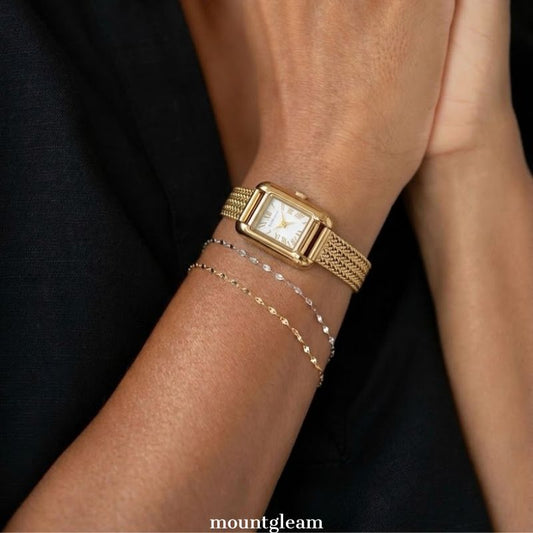 Vintage Rectangle：White Rectangular Dial Watch – Gold Rectangular Bezel & Gold Stainless Steel Link Bracelet