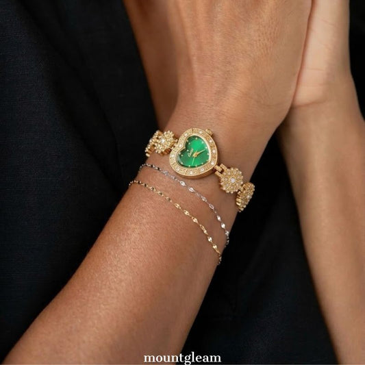 Romantic Whimsy: Green Heart-Shaped Dial with Floral Gold-Tone Bracelet