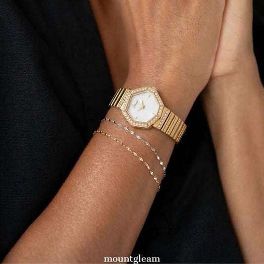 Geometric Art White Octagonal Irregular Dial Gold Diamond Quartz Watch