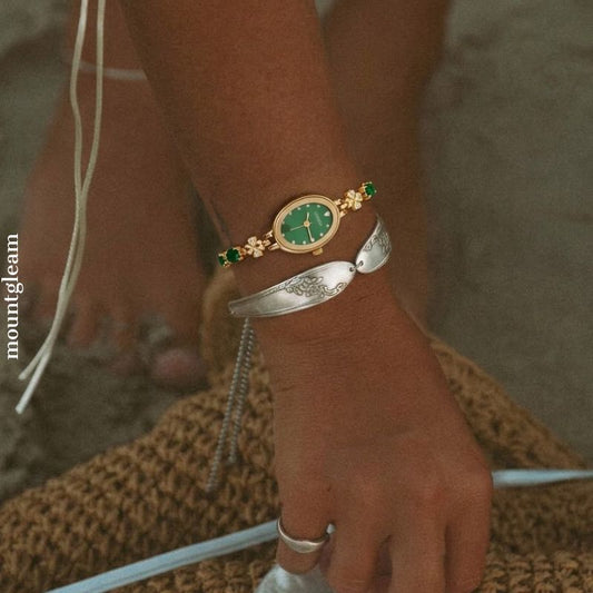 Vintage Green Oval Diamond Dial Gold Bezel Watch - Emerald & Alloy Bracelet