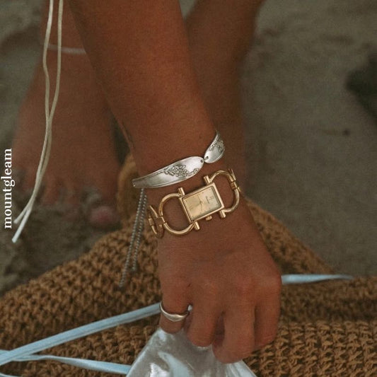 Jewelry Glamour: Gold Rectangular Dial Watch with Gold Chain Bracelet