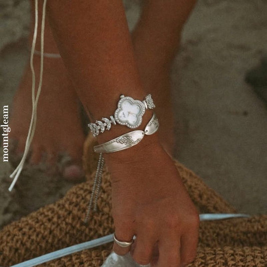 Enchanting White Clover Dial Silver Diamond Watch with Mermaid Bracelet