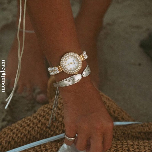 Luxury White Dial Watch - Crystal Gold Bezel & Pearl Inlay Bracelet