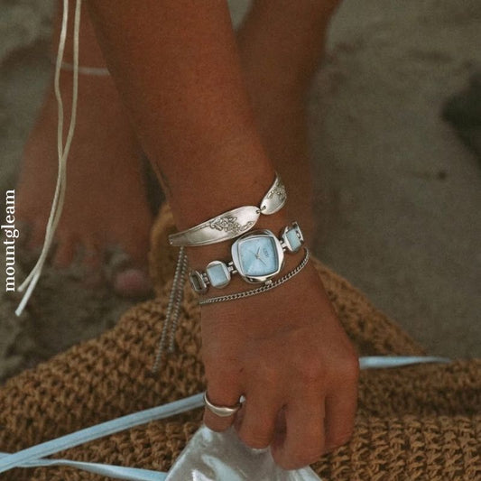 Silver Bracelet With Square Blue Ladies Quartz Watch