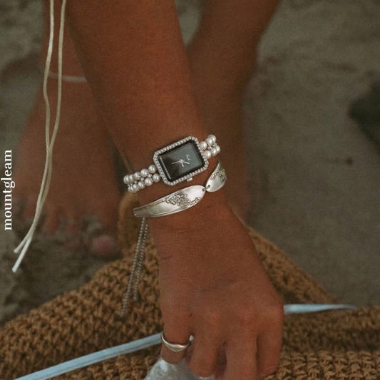 Modern Pearl armband Watch - Silver Black Quartz met kristallen
