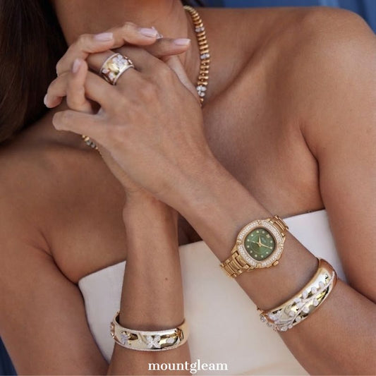 White Gemstone Bezel Retro Watch with Green Dial and Gold-Tone Bracelet