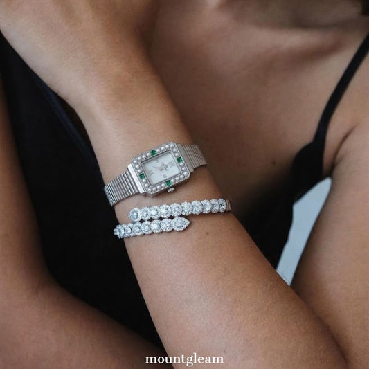 Silver Bamboo Watch for Women with White Mother-of-Pearl Dial & Pearl Green Stone Accent|Jade Whisper