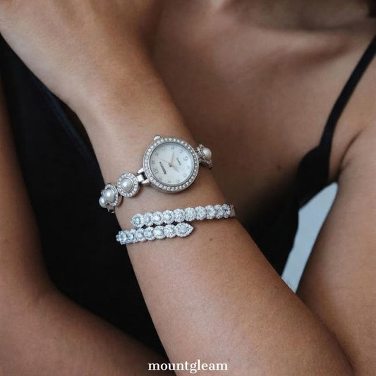 Feminine Refinement: White Round Dial with Diamond Silver Bezel & Pearl-Inlaid Silver Bracelet