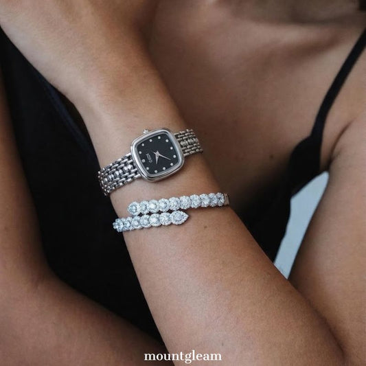 Modern Classic: Black Rectangular Dial with Silver Bezel & Stainless Steel Bracelet